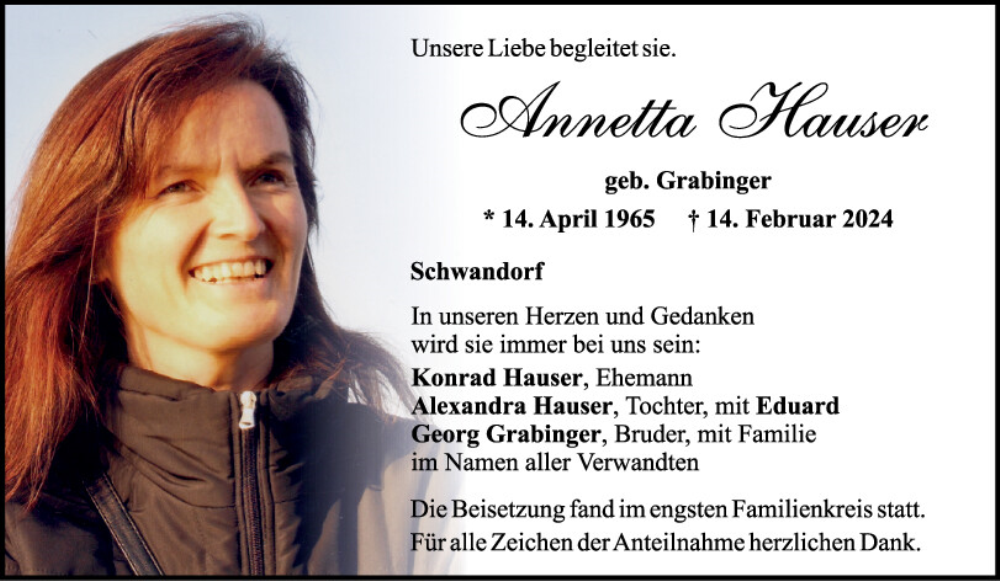  Traueranzeige für Annetta Hauser vom 26.02.2024 aus Mittelbayerische Zeitung Schwandorf