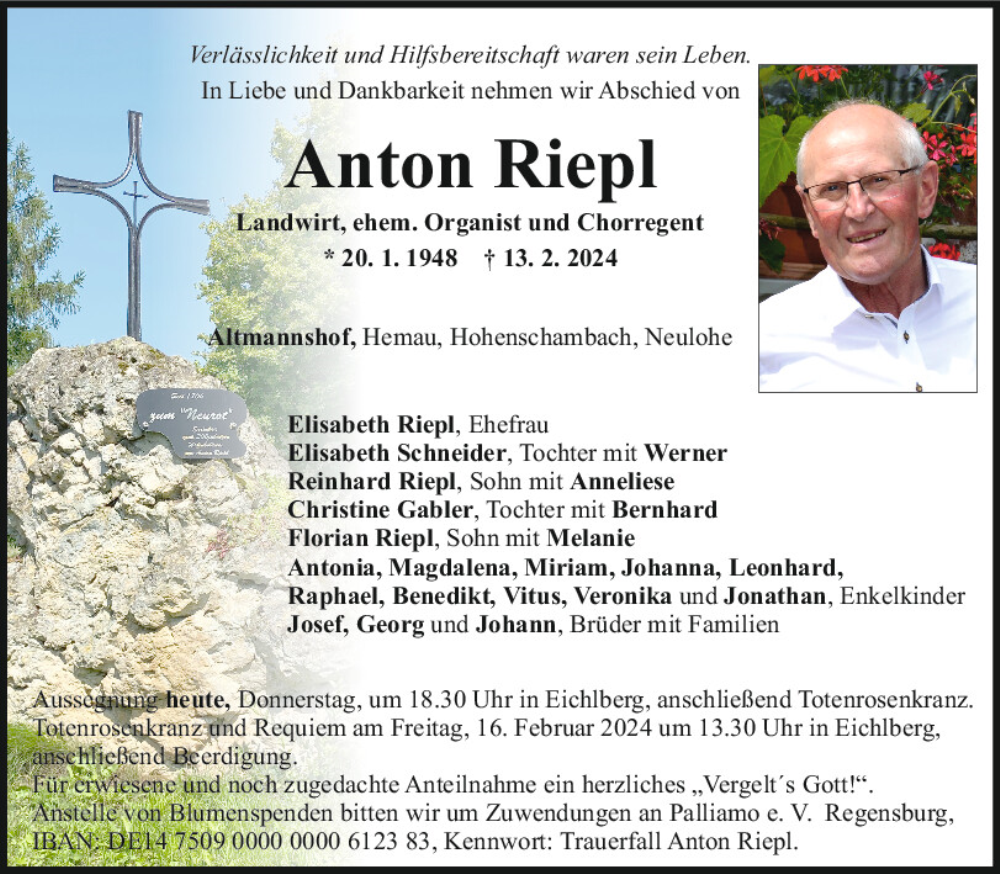  Traueranzeige für Anton Riepl vom 15.02.2024 aus Mittelbayerische Zeitung Regensburg