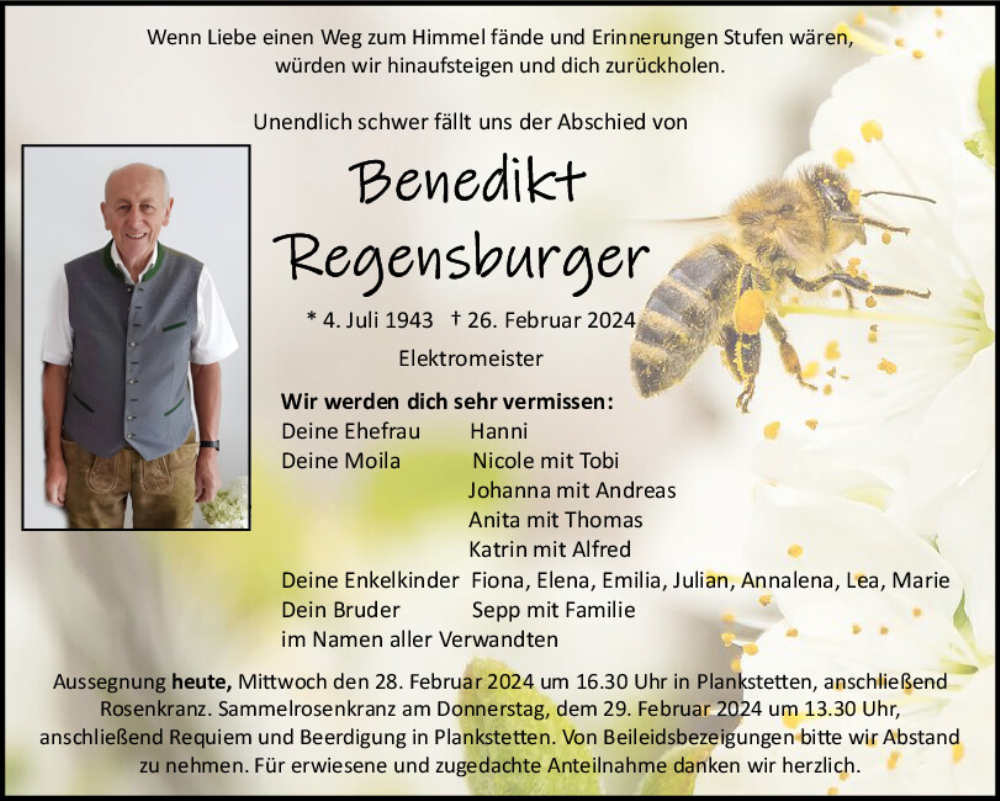  Traueranzeige für Benedikt Regensburger vom 28.02.2024 aus Neumarkter Tagblatt