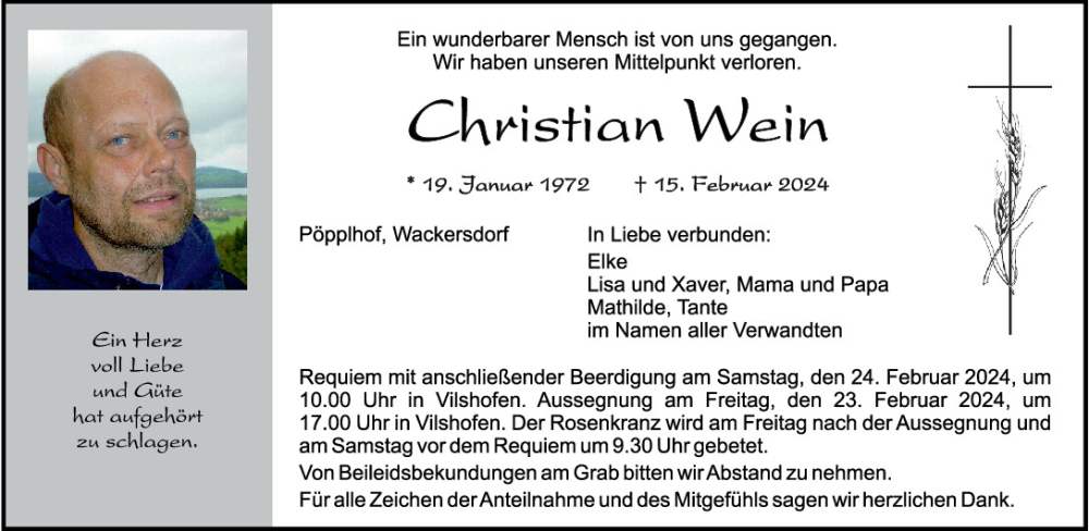  Traueranzeige für Christian Wein vom 21.02.2024 aus Mittelbayerische Zeitung Schwandorf