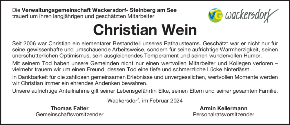  Traueranzeige für Christian Wein vom 24.02.2024 aus Mittelbayerische Zeitung Schwandorf