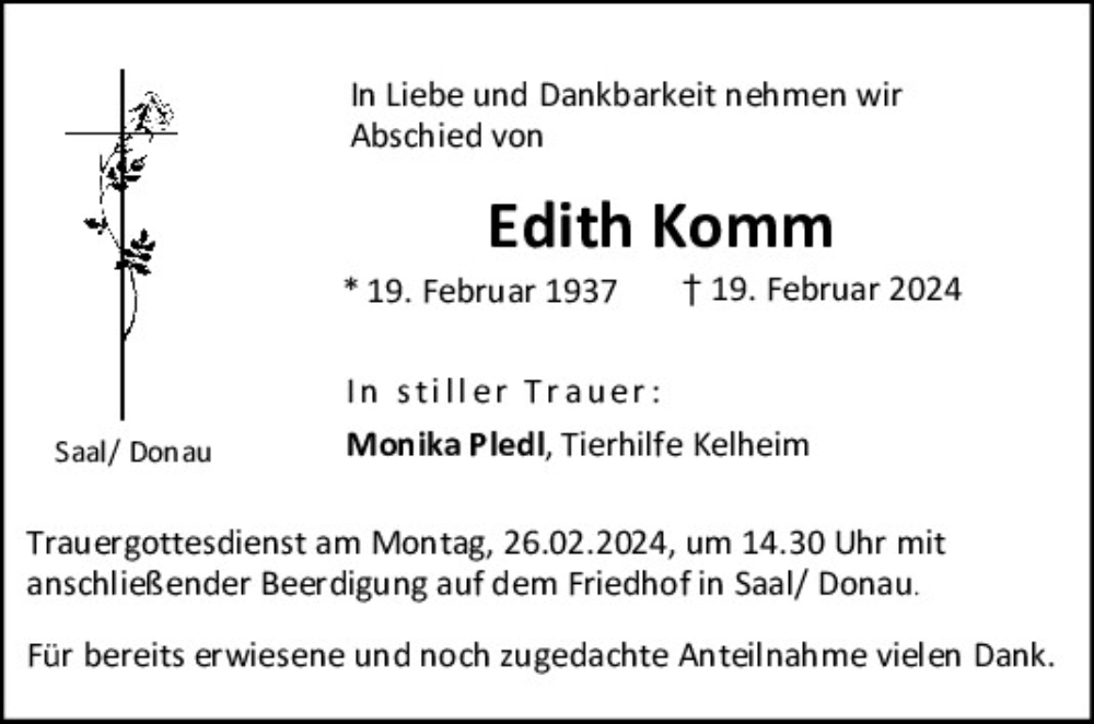  Traueranzeige für Edith Komm vom 24.02.2024 aus Mittelbayerische Zeitung Kelheim