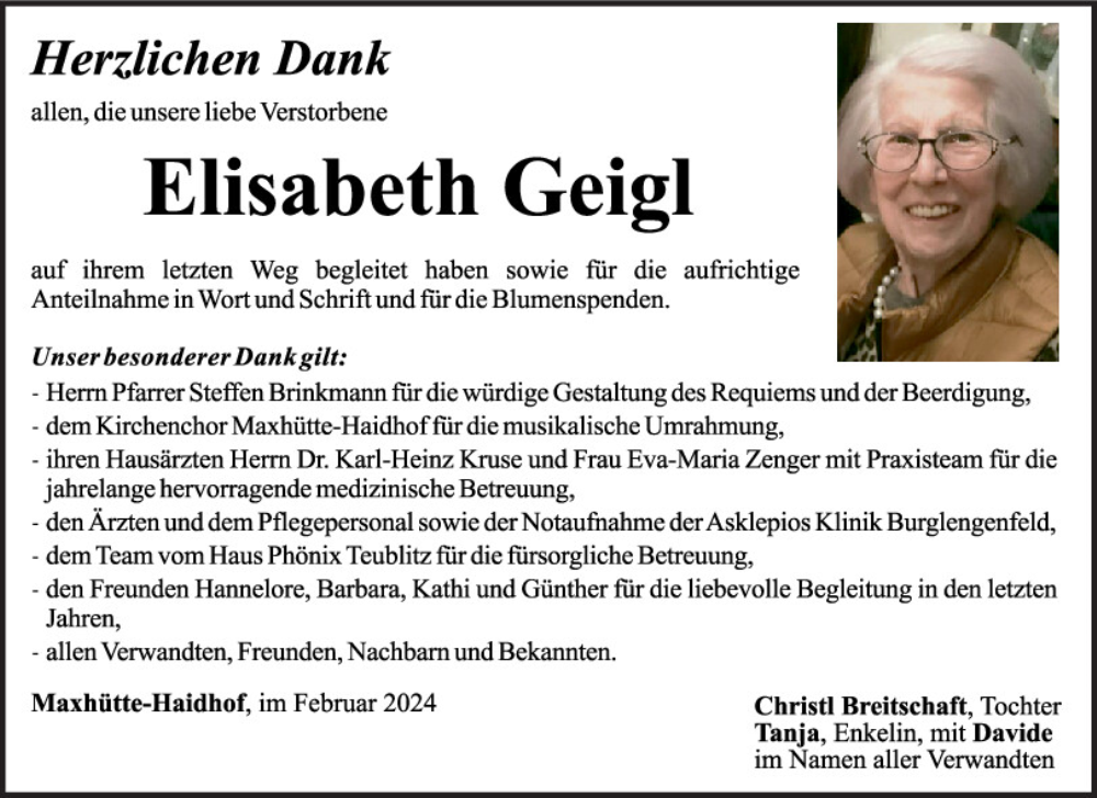 Traueranzeigen von Elisabeth Geigl | Mittelbayerische Trauer