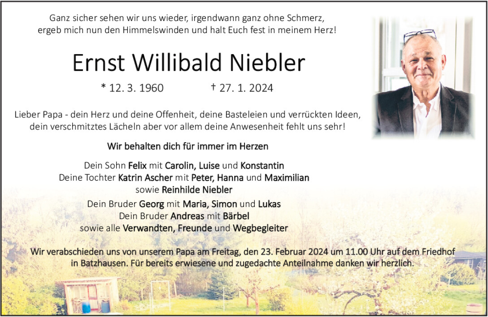  Traueranzeige für Ernst Willibald Niebler vom 17.02.2024 aus Neumarkter Tagblatt