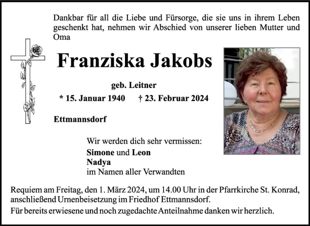  Traueranzeige für Franziska Jakobs vom 27.02.2024 aus Mittelbayerische Zeitung Schwandorf