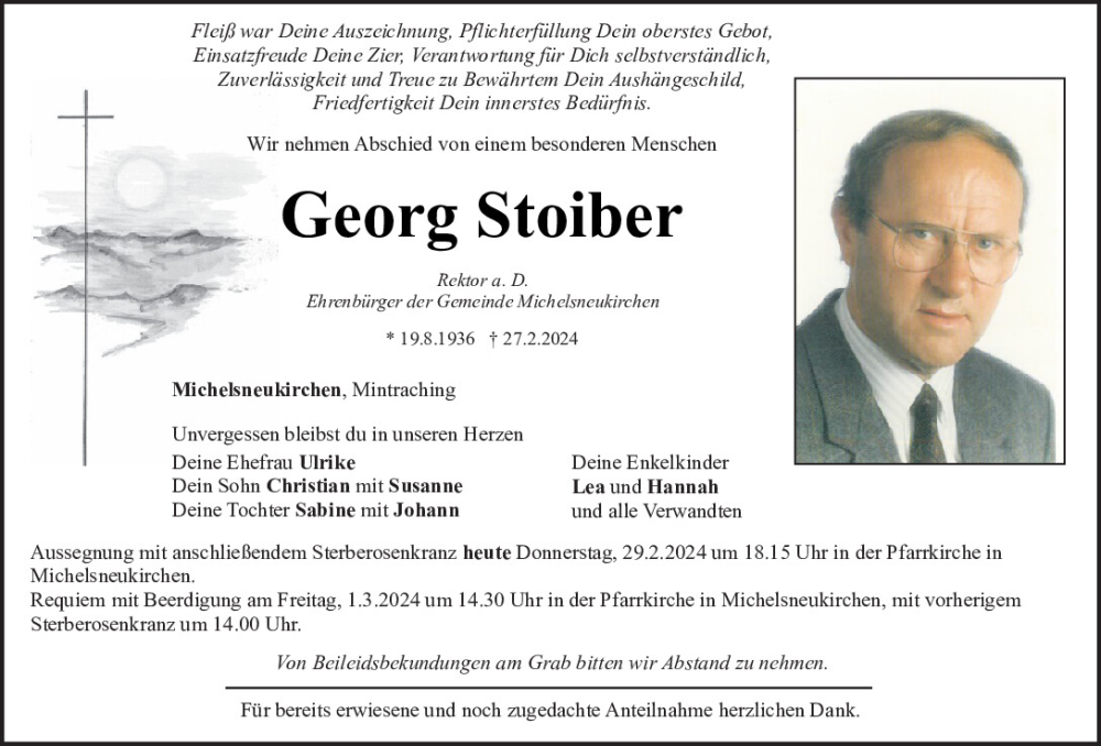  Traueranzeige für Georg Stoiber vom 29.02.2024 aus Bayerwald Echo