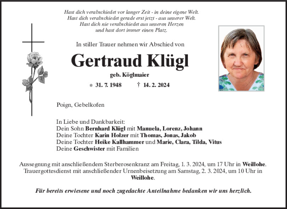  Traueranzeige für Gertraud Klügl vom 28.02.2024 aus Mittelbayerische Zeitung Regensburg