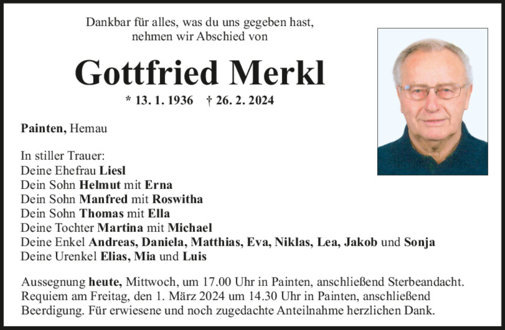  Traueranzeige für Gottfried Merkl vom 28.02.2024 aus Mittelbayerische Zeitung Kelheim