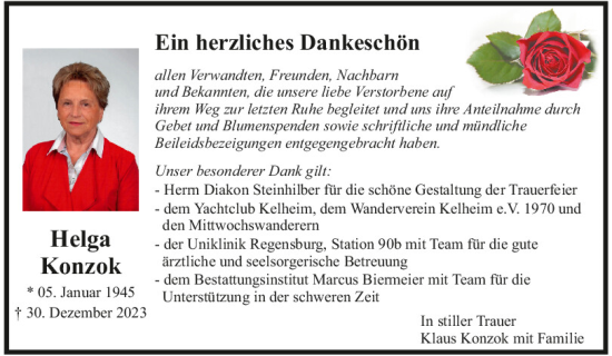 Traueranzeige von Helga Konzok von Mittelbayerische Zeitung Kelheim