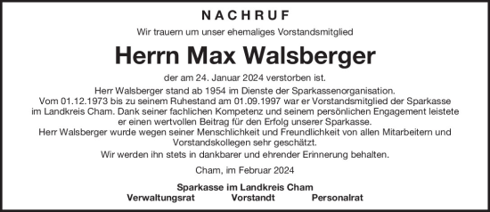 Traueranzeige von Max Walsberger von Bayerwald Echo