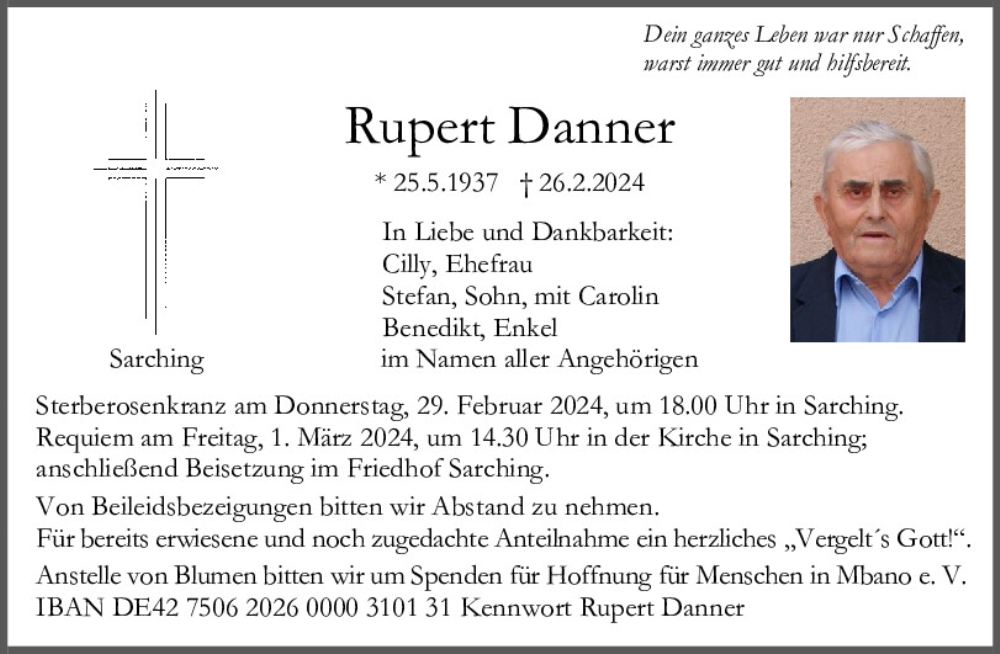 Traueranzeige für Rupert Danner vom 28.02.2024 aus Mittelbayerische Zeitung Regensburg