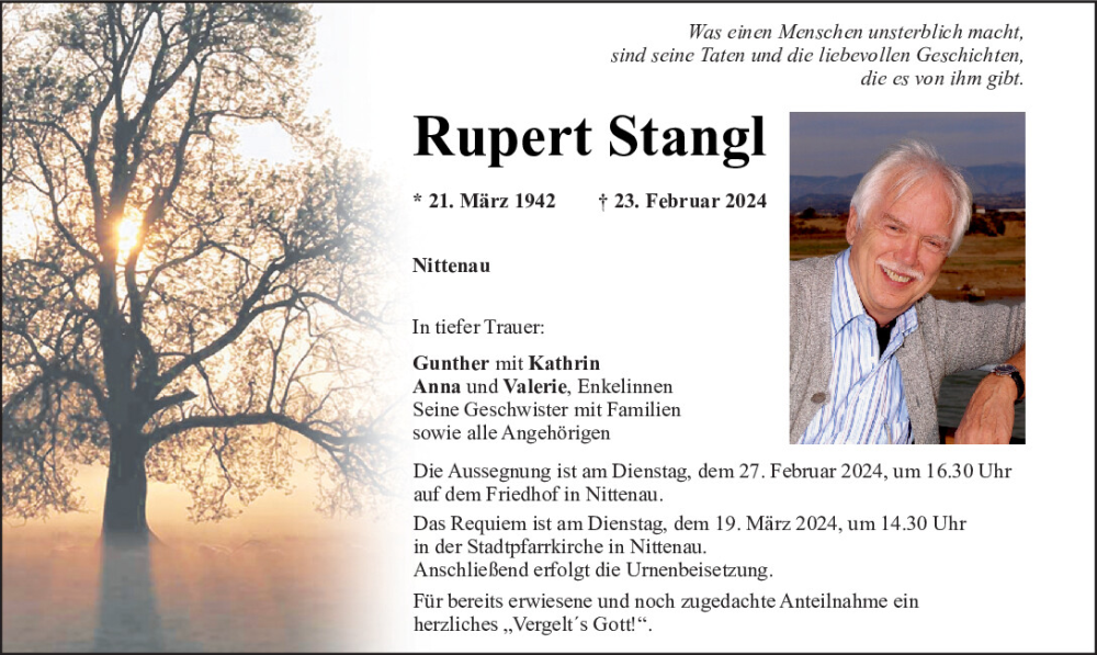  Traueranzeige für Rupert Stangl vom 27.02.2024 aus Mittelbayerische Zeitung Regensburg