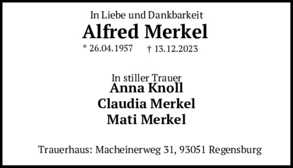  Traueranzeige für Alfred Merkel vom 16.03.2024 aus Mittelbayerische Zeitung Regensburg