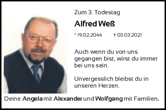 Traueranzeige von Alfred Weß von Bayerwald Echo