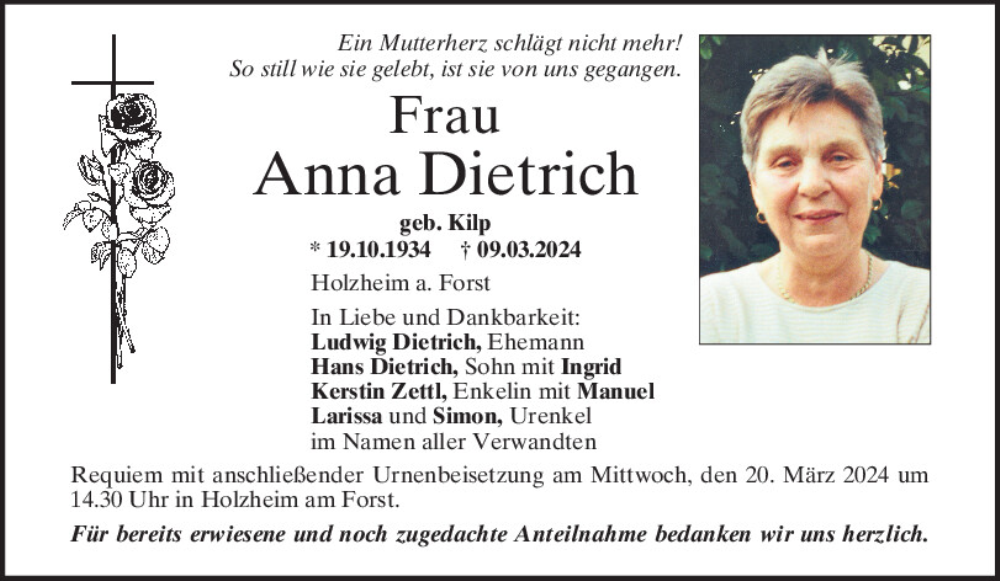 Traueranzeigen von Anna Dietrich | Mittelbayerische Trauer