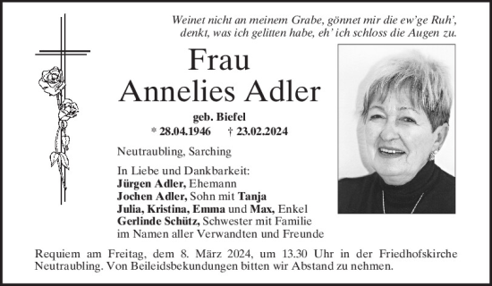 Traueranzeige von Annelies Adler von Mittelbayerische Zeitung Regensburg