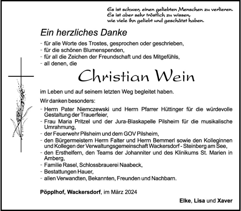  Traueranzeige für Christian Wein vom 09.03.2024 aus Mittelbayerische Zeitung Schwandorf