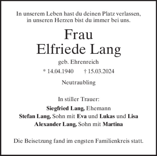 Traueranzeige von Elfriede Lang von Mittelbayerische Zeitung Regensburg