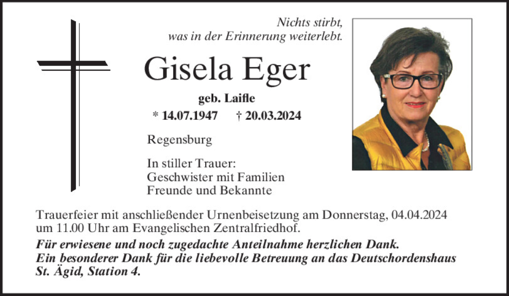  Traueranzeige für Gisela Eger vom 30.03.2024 aus Mittelbayerische Zeitung Regensburg