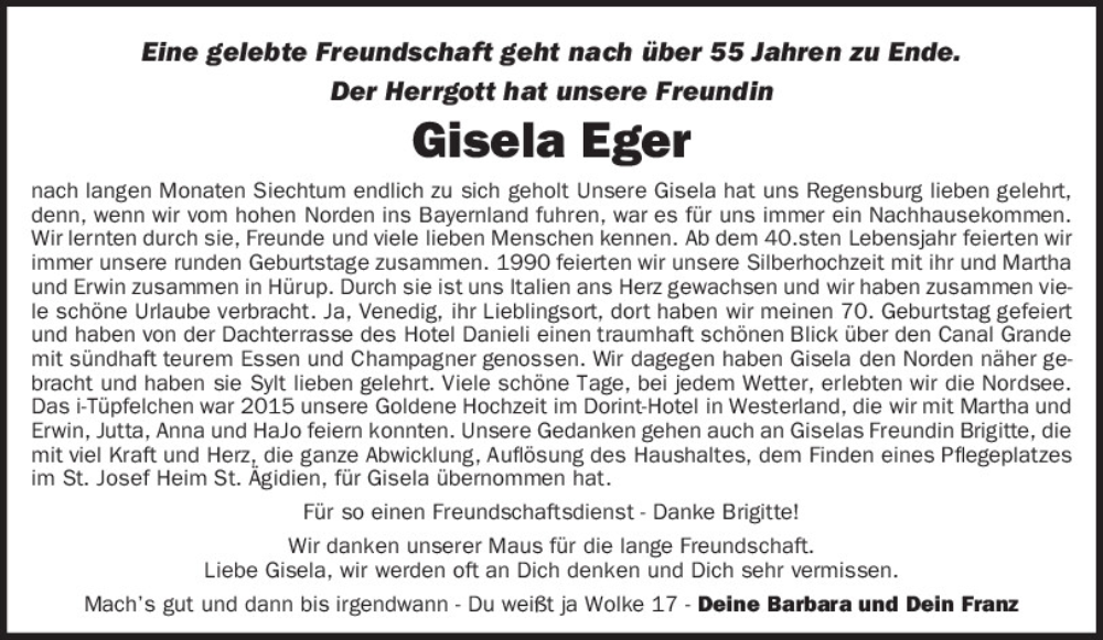  Traueranzeige für Gisela Eger vom 30.03.2024 aus Mittelbayerische Zeitung Regensburg