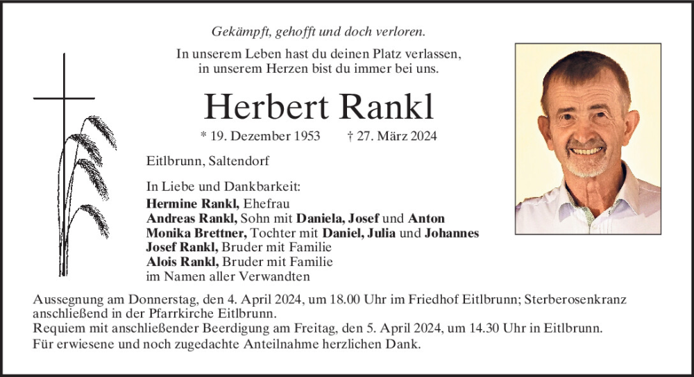  Traueranzeige für Herbert Rankl vom 30.03.2024 aus Mittelbayerische Zeitung Regensburg