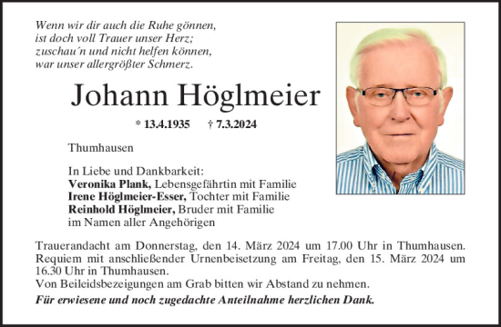 Traueranzeige von Johann Höglmeier von Mittelbayerische Zeitung Regensburg