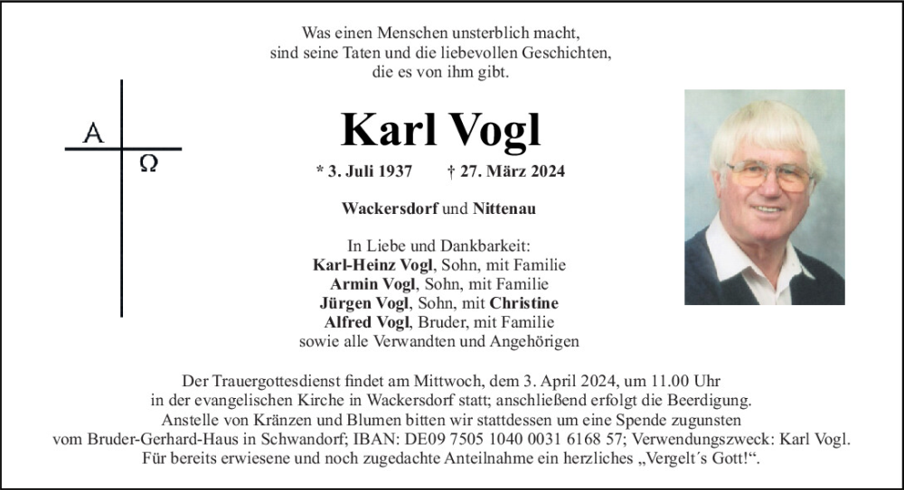  Traueranzeige für Karl Vogl vom 30.03.2024 aus Mittelbayerische Zeitung Schwandorf