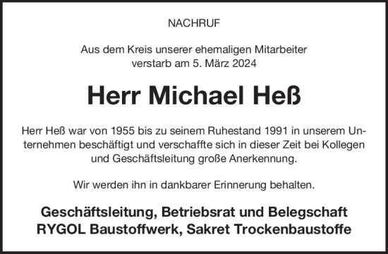 Traueranzeige von Michael Heß von Mittelbayerische Zeitung Regensburg