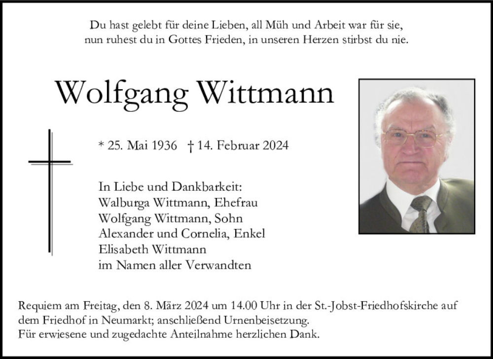 Traueranzeigen von Wolfgang Wittmann | Mittelbayerische Trauer