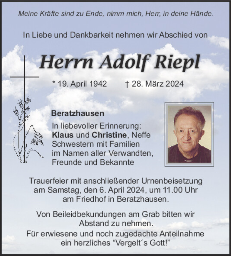  Traueranzeige für Adolf Riepl vom 03.04.2024 aus Mittelbayerische Zeitung Regensburg