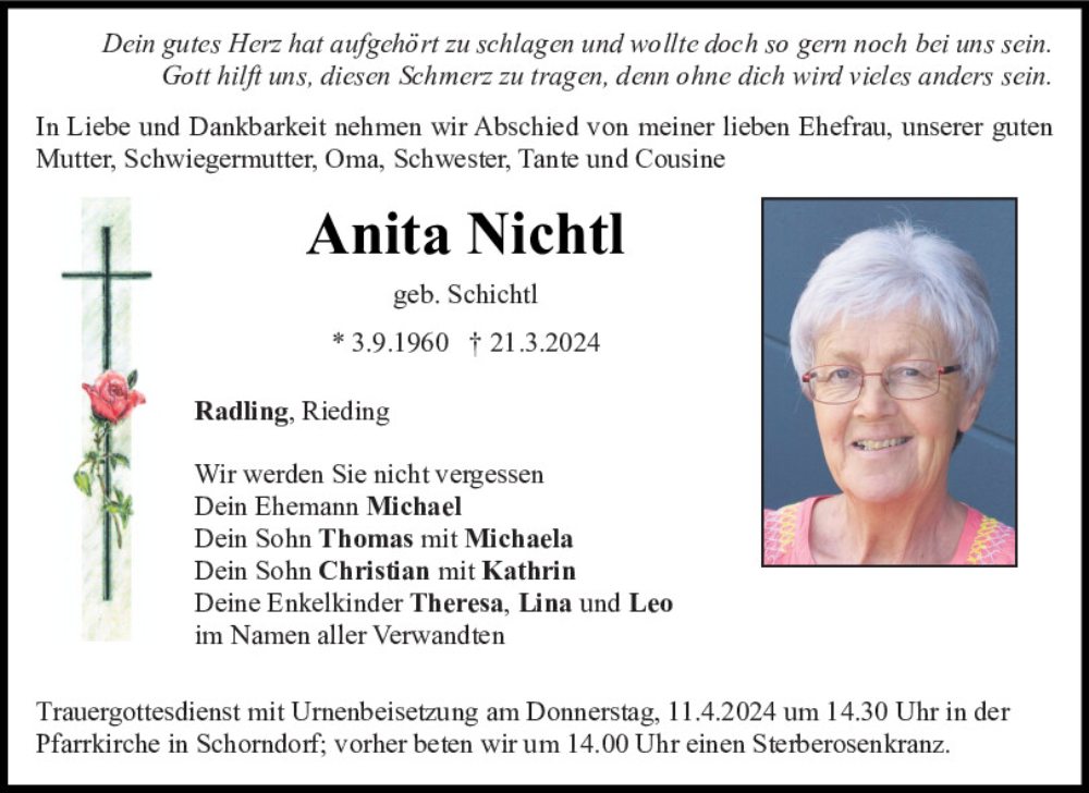  Traueranzeige für Anita Nichtl vom 08.04.2024 aus Bayerwald Echo