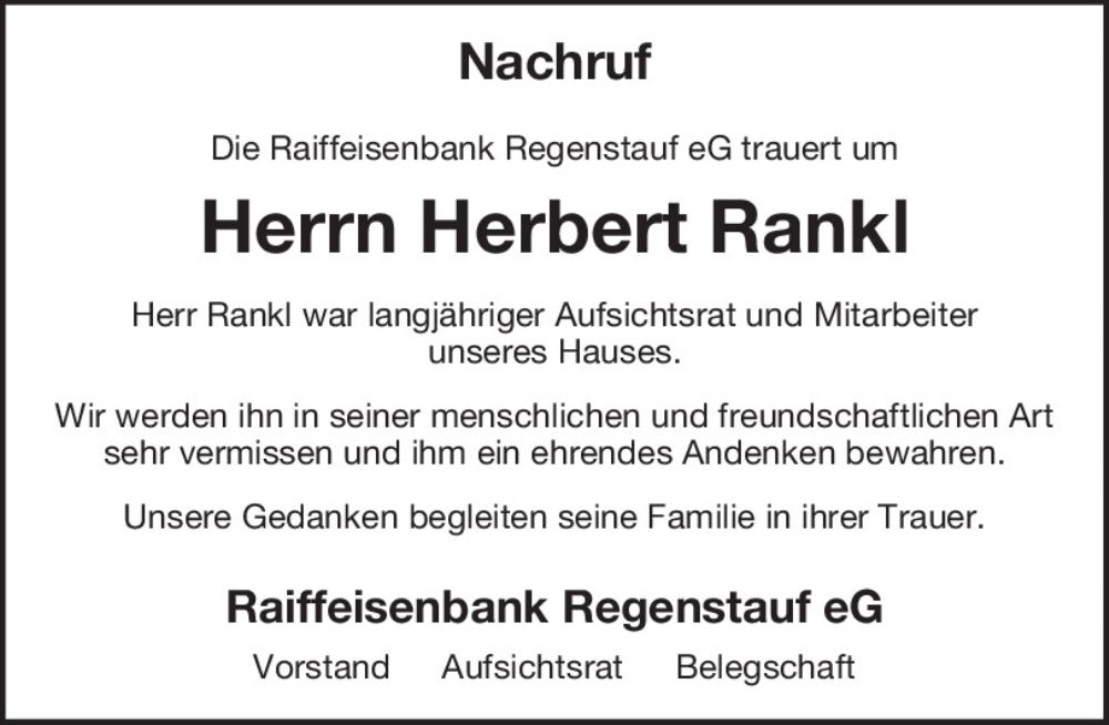  Traueranzeige für Herbert Rankl vom 04.04.2024 aus Mittelbayerische Zeitung Regensburg