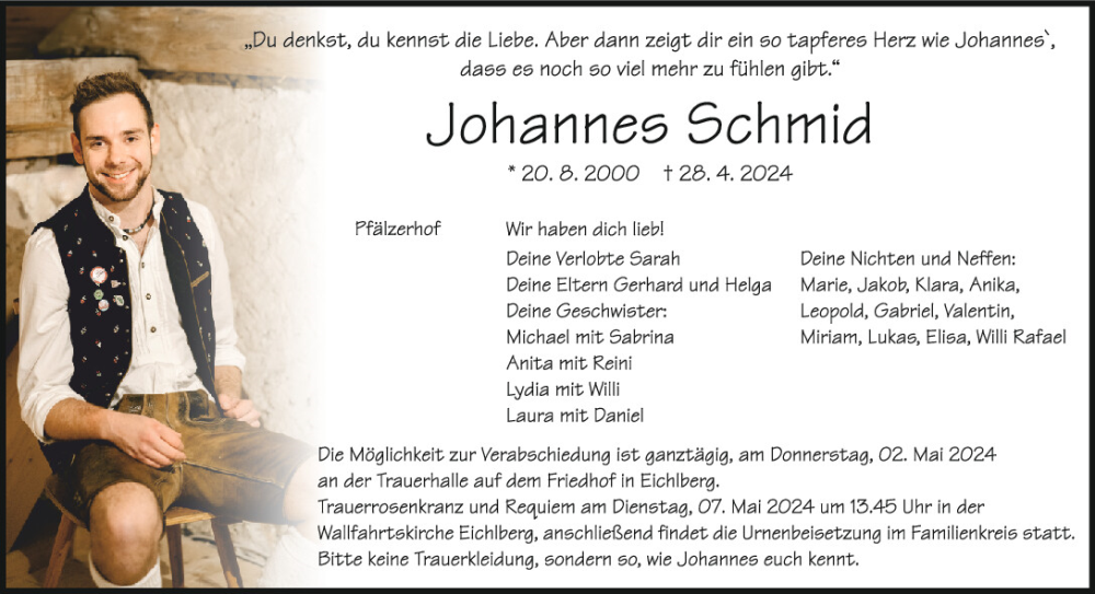  Traueranzeige für Johannes Schmid vom 01.05.2024 aus Mittelbayerische Zeitung Regensburg