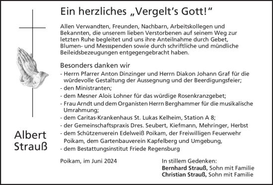 Traueranzeige von Albert Strauß von Mittelbayerische Zeitung Kelheim