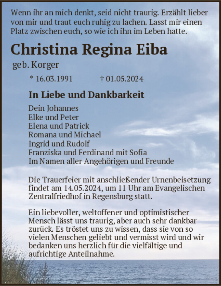  Traueranzeige für Christina Regina Eiba vom 11.05.2024 aus Mittelbayerische Zeitung Regensburg