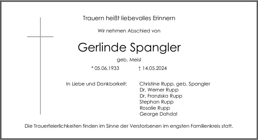  Traueranzeige für Gerlinde Spangler vom 18.05.2024 aus Mittelbayerische Zeitung Regensburg