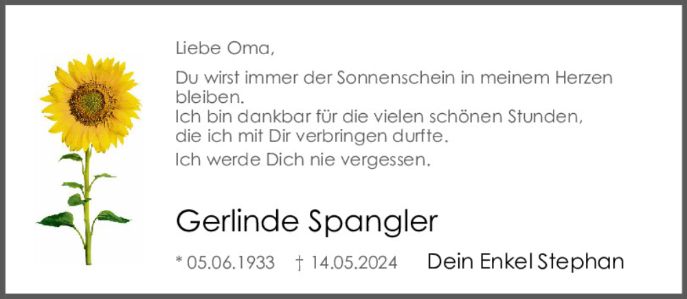  Traueranzeige für Gerlinde Spangler vom 18.05.2024 aus Mittelbayerische Zeitung Regensburg