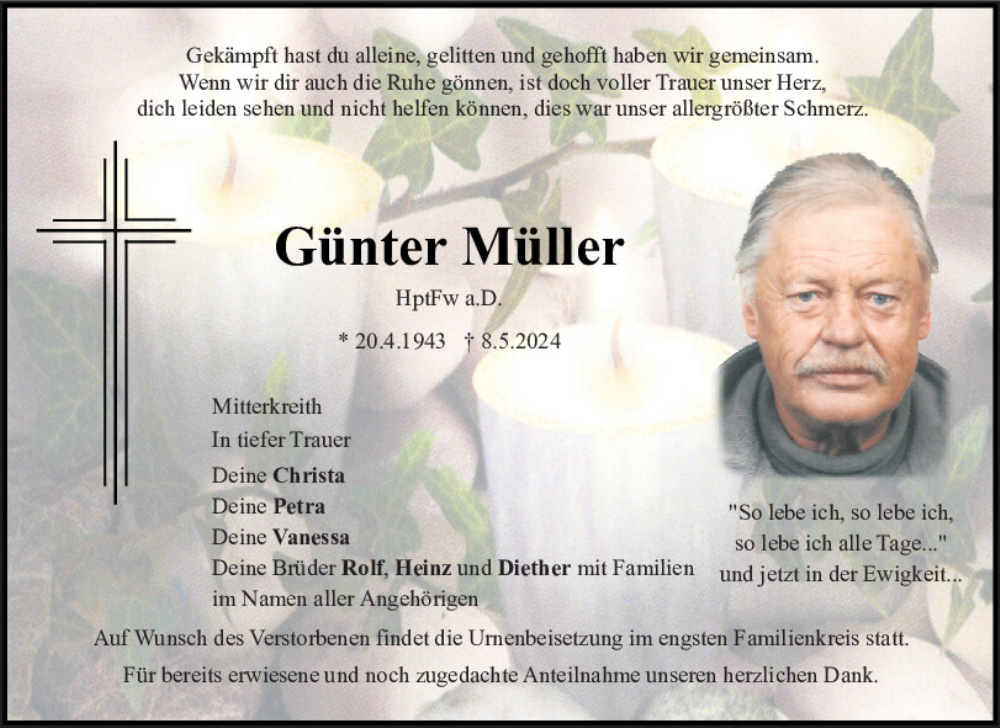  Traueranzeige für Günter Müller vom 28.05.2024 aus Bayerwald Echo