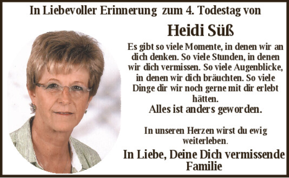  Traueranzeige für Heidi Süß vom 25.05.2024 aus Mittelbayerische Zeitung Schwandorf