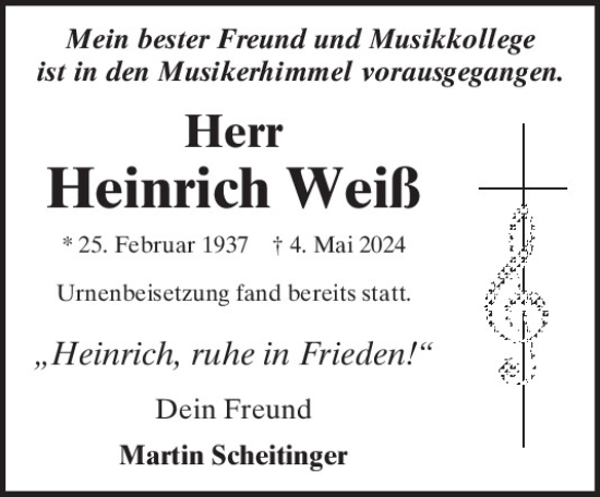Traueranzeige von Heinrich Weiß von Mittelbayerische Zeitung Regensburg