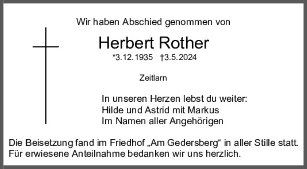 Traueranzeigen von Herbert Rother | Mittelbayerische Trauer