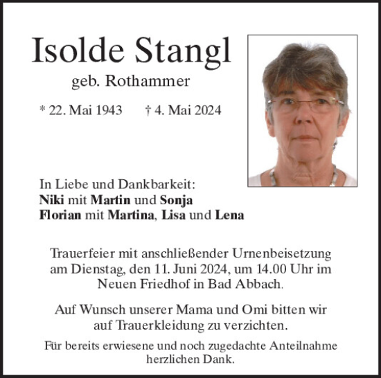 Traueranzeige von Isolde Stangl von Mittelbayerische Zeitung Regensburg