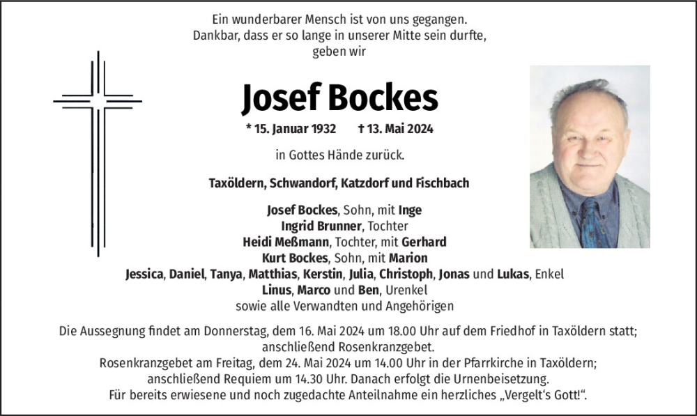  Traueranzeige für Josef Bockes vom 15.05.2024 aus Mittelbayerische Zeitung Schwandorf