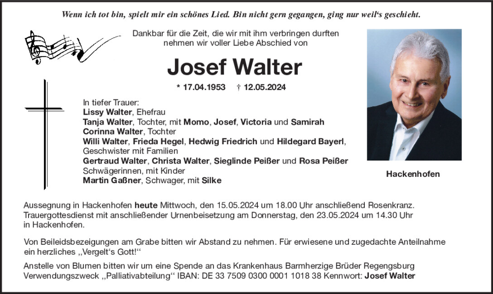  Traueranzeige für Josef Walter vom 15.05.2024 aus Mittelbayerische Zeitung Regensburg