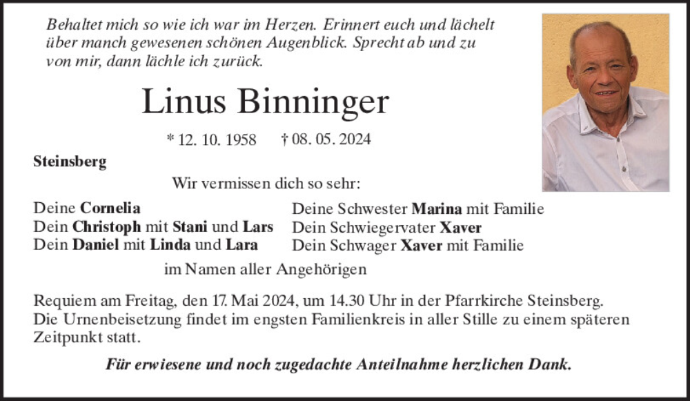  Traueranzeige für Linus Binninger vom 15.05.2024 aus Mittelbayerische Zeitung Regensburg