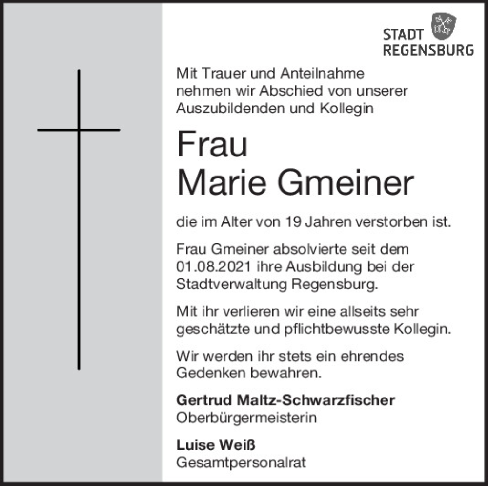  Traueranzeige für Marie Gmeiner vom 11.05.2024 aus Mittelbayerische Zeitung Regensburg