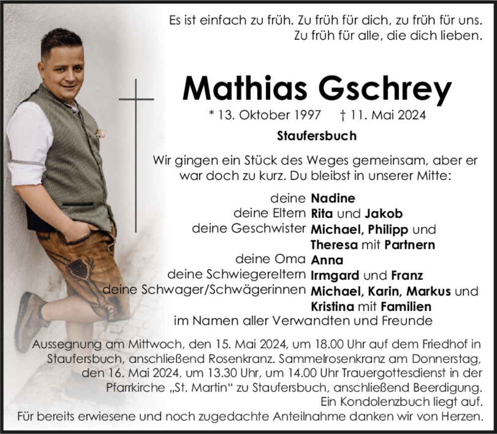  Traueranzeige für Mathias Gschrey vom 14.05.2024 aus Neumarkter Tagblatt
