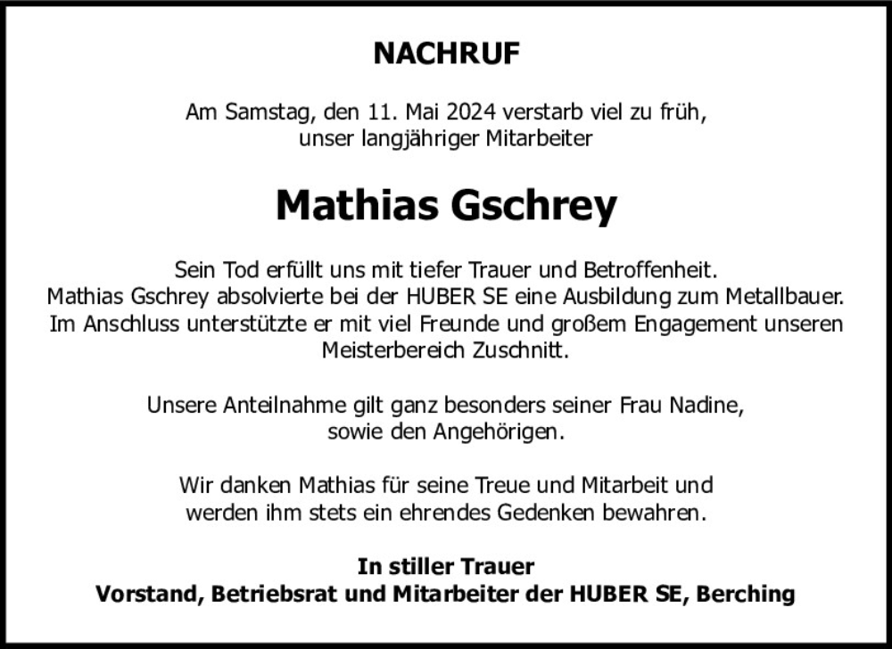  Traueranzeige für Mathias Gschrey vom 18.05.2024 aus Neumarkter Tagblatt