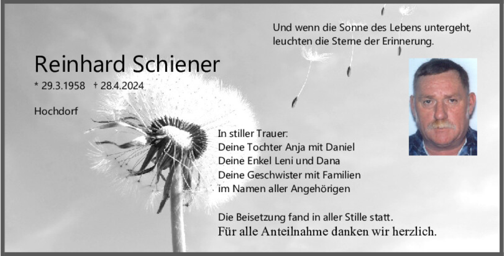  Traueranzeige für Reinhard Schiener vom 15.05.2024 aus Mittelbayerische Zeitung Regensburg