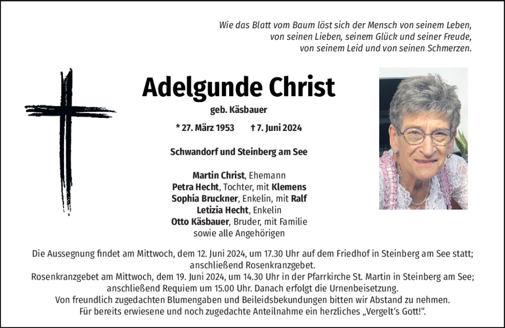  Traueranzeige für Adelgunde Christ vom 11.06.2024 aus Mittelbayerische Zeitung Schwandorf